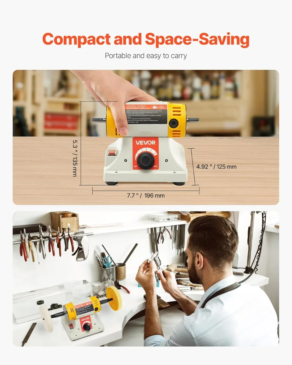 1/2HP Bench Buffer Polisher, 0-8000RPM with Cotton Wheels & Abrasive Wheels for Metal Jewelry Wood