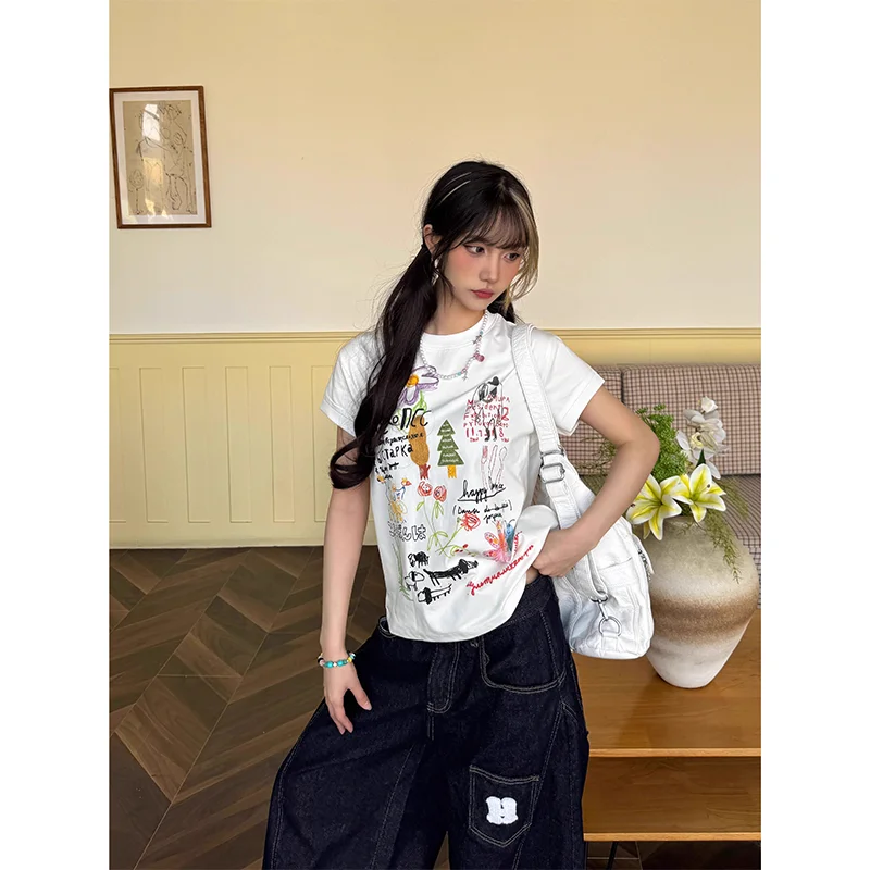 

Хлопковый модный топ с граффити в стиле «допамин», с коротким рукавом, для женщин, лето 2026, модный, облегающий, свободный, повседневный, с открытыми плечами