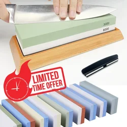 Double Side Whetstone Non Slip Bamboo Base Knife Coarse Fine Sharpening Polishing Water Sharpener Angle Guide Flattening Stone