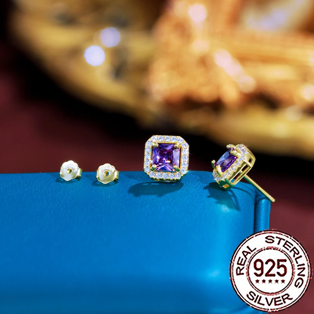 

CWWZircons стерлингового серебра 925 пробы, очаровательные фиолетовые серьги-гвоздики с кубическим цирконом, большие квадратные серьги-гвоздики для женщин, свадебный декор, ювелирные изделия SE118