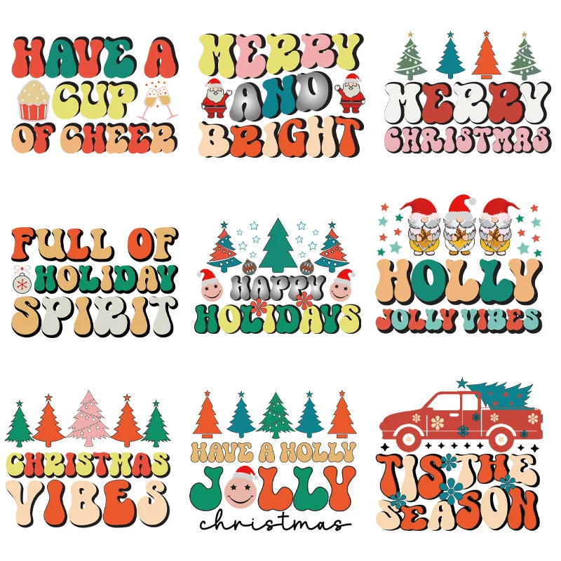 9piece Christmas Cartoon Exquisite Stickers Transfer Stickers Vinyl Heat Transfer Patches For DIY Couple Clothing Pillow Craft