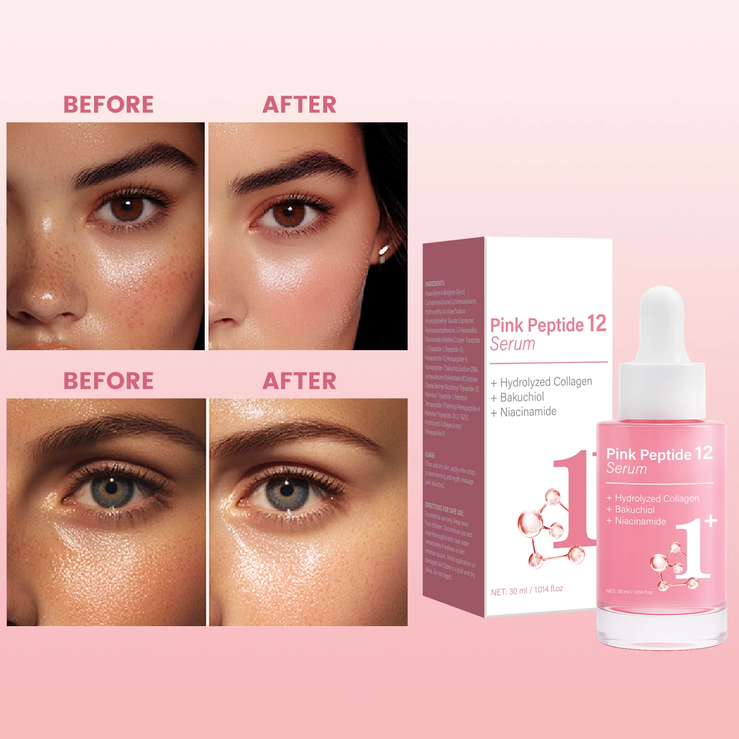 Suero Peptide 12 Rosa con Bakuchiol y Niacinamida - Suero Facial Antienvejecimiento para Mujer - Hidratante y Reafirmante 30ml