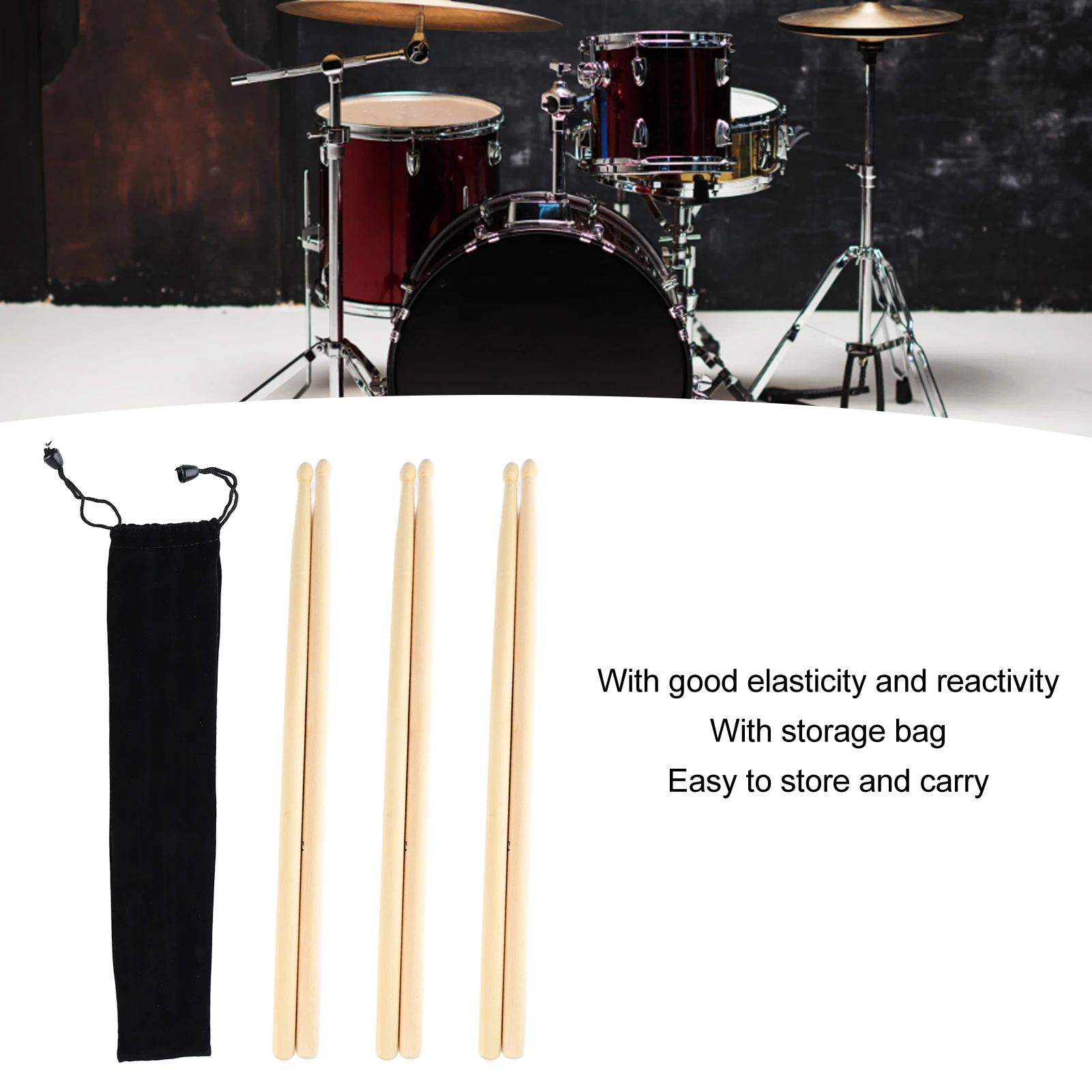 

3 пары барабанных палочек 5А, прочная противоскользящая барабанная палочка из цельного дерева, удобная ручка, портативная, простая в использовании для практики выступлений