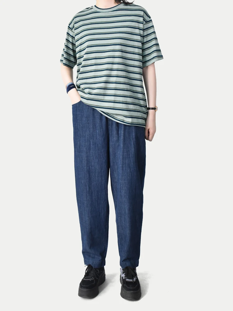 

ket Embroidery Decorative Loose Casual Commuter Summer Long Jeans Deep Blue Elastic Waist Versatile Cleanfit Waed Denim