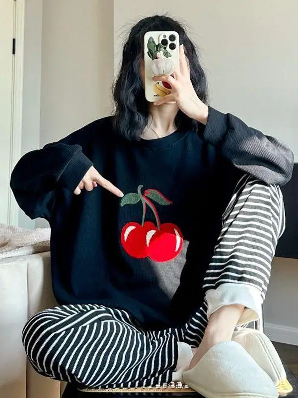 

plus Size Sleepwear Cherry Print Long Sleeve Home Clothes Spring Autumn Comfortable Loose Fit Home Style Suitable for plus Size