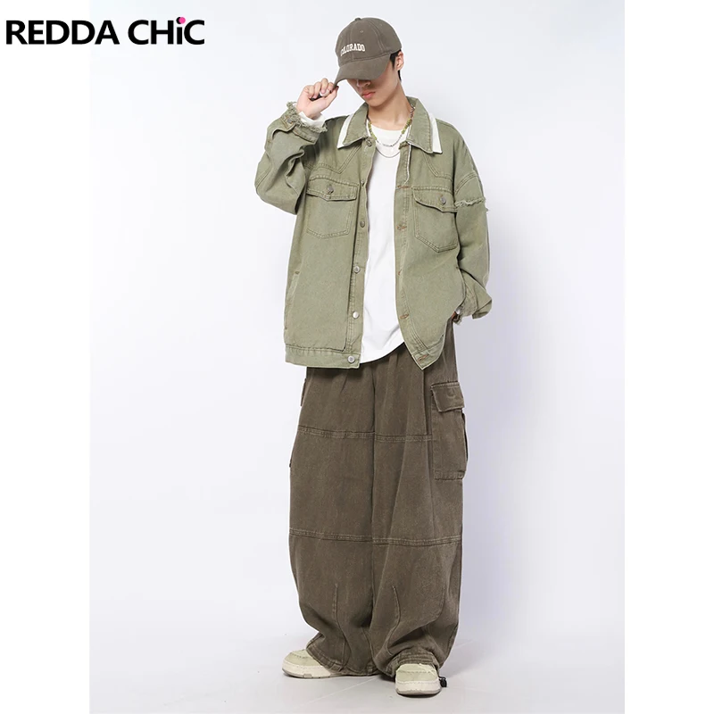 

REDDACHiC Men Fake 2-piece Frayed Denim Jacket 90s Retro Green Wash Casual Pockets Bomber Jacket Demi-season Y2k Autumn Outwear