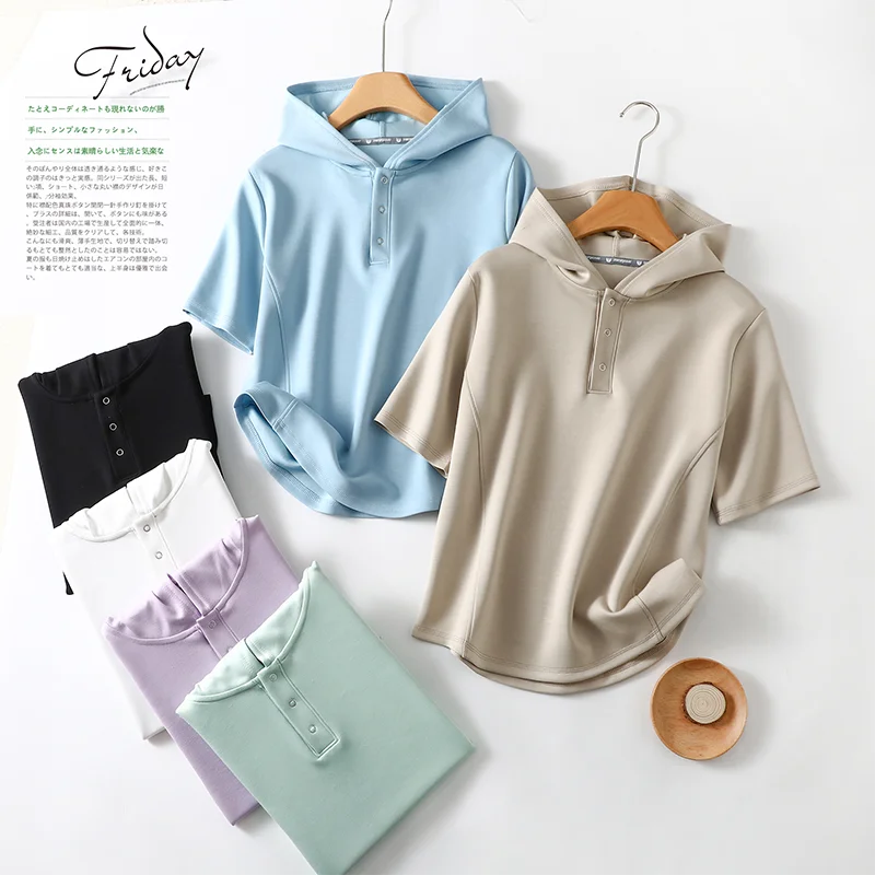 

Новая женская летняя свободная повседневная футболка с капюшоном из жидкого аммиака и хлопка ort Sve Splicing Top Faionable Commut...