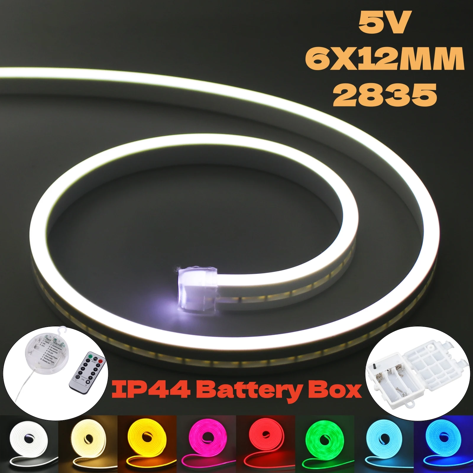 5V SMD2835 Neon Strip LED Light Sign With IP44 Waterproof Battery Box Powered IP65 120LEDs/m Flexible Rope Lamp Tape Ribbon