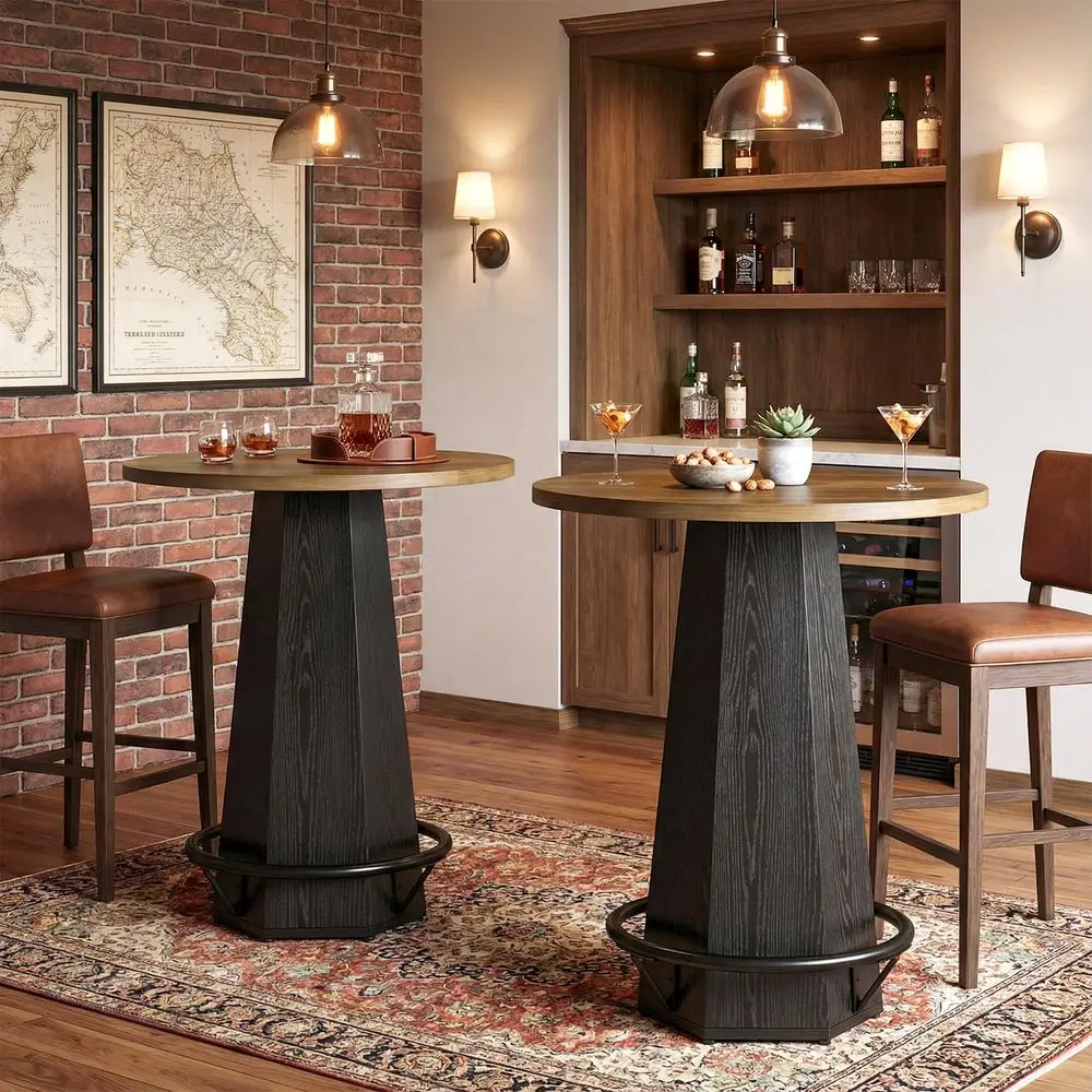 

Round Dining Table Set of 2, 39.4 H Industrial Commercial Counter Height Table with Metal Footrest for Dining Room, Kitchen, Re