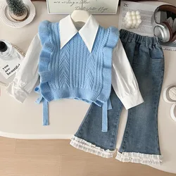 Baby Girls Clothes Sets Autumn Long Sleeve Bottom Shirts Sweater Vest Wide Leg Jeans Sets for Kids Fashion Children Clothing Set