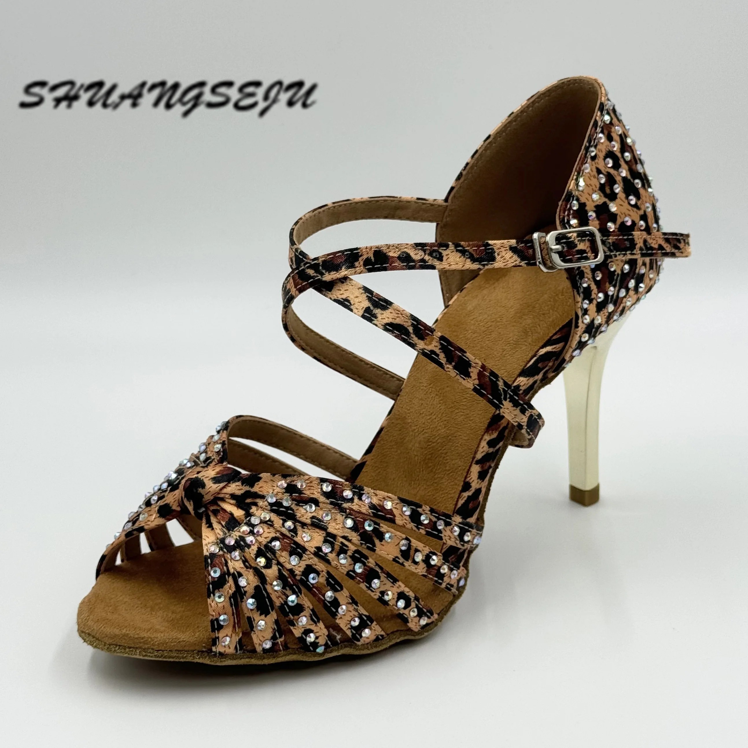 SHUANGSEJU Leopard Print Sexy Latin Dance Shoes with Shiny Rhinestones Salsa Ballroom Dance Shoes Bachata High Heel Dance Shoes