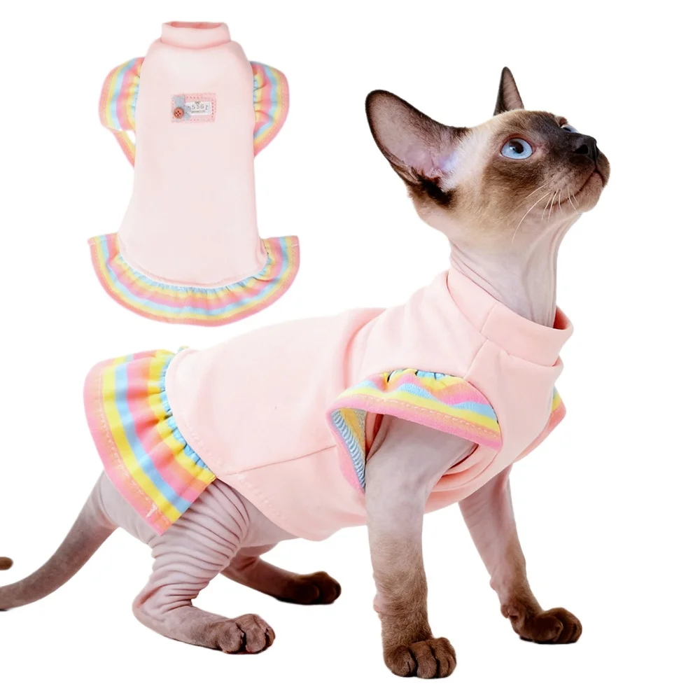 

Winter Warm Cat Clothes, Cat T-Shirt Dress Breathable Shirts with Rainbow Ruff Sleeves, Cotton Sphynx Hairless Cat Pullover
