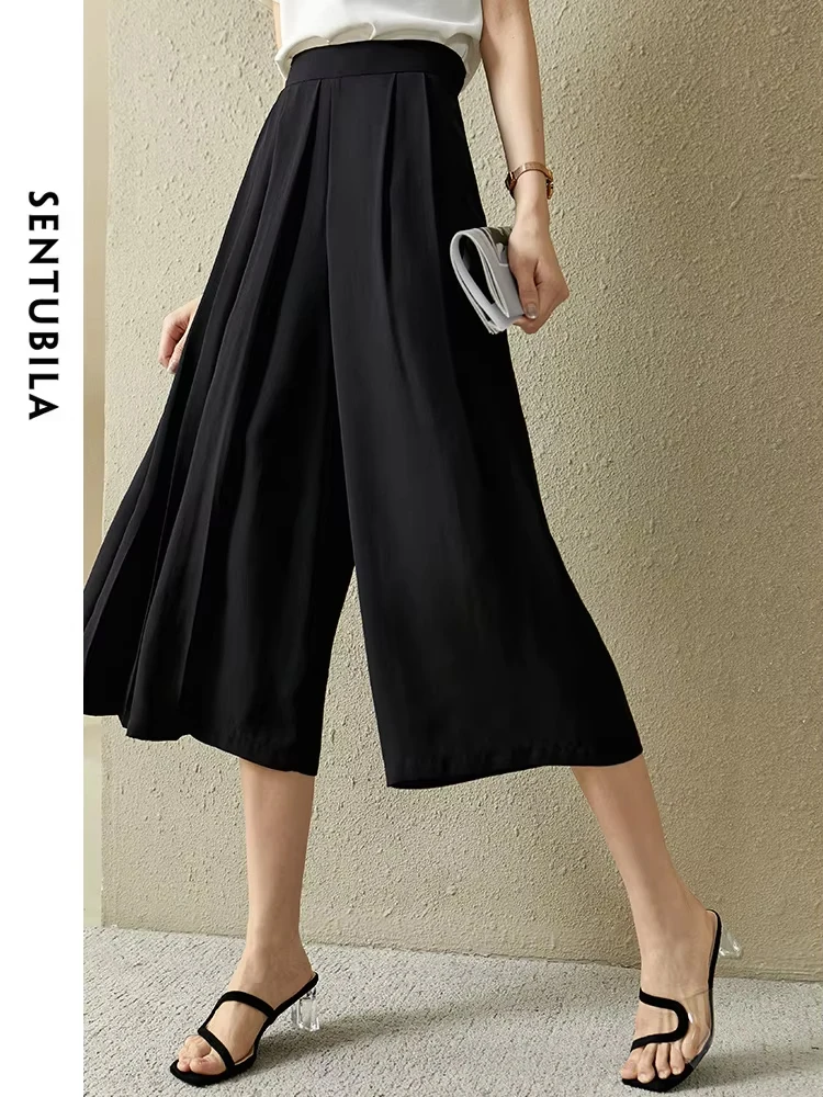 SENTUBILA High Waist Chiffon Baggy Pants for Women 2024 Summer Elegant Calf-Length Casual Wide Leg Black Skirt Pants 122K41082