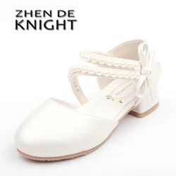 New White Girls Princess Shoes Pearl Leather Shoes Children's High Heels Children's Wedding Single Shoes