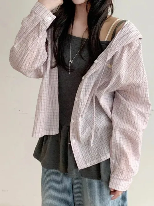

Loose Korean Style Women's Plaid Long Sleeve Shirt Spring 2026 New Design Casual Versatile Hat Included Summer Top