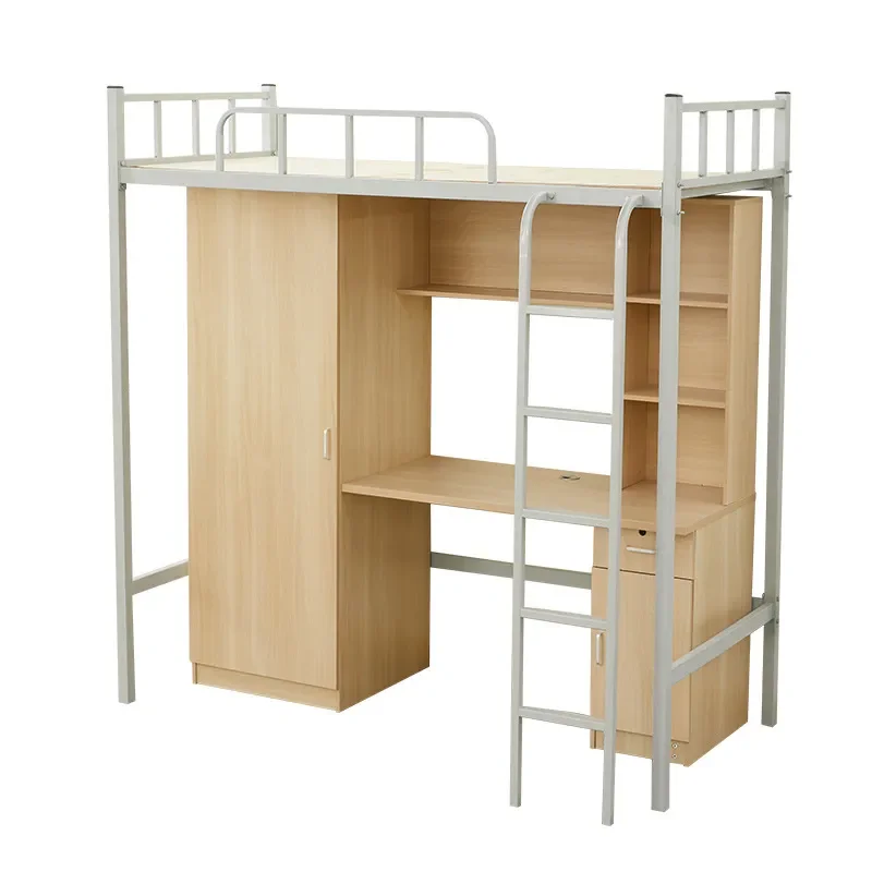 Wrought Iron Loft Bed with Desk and Storage Cabinet Underneath Space Saving Elevated Bunk Bed for College Students Apartment