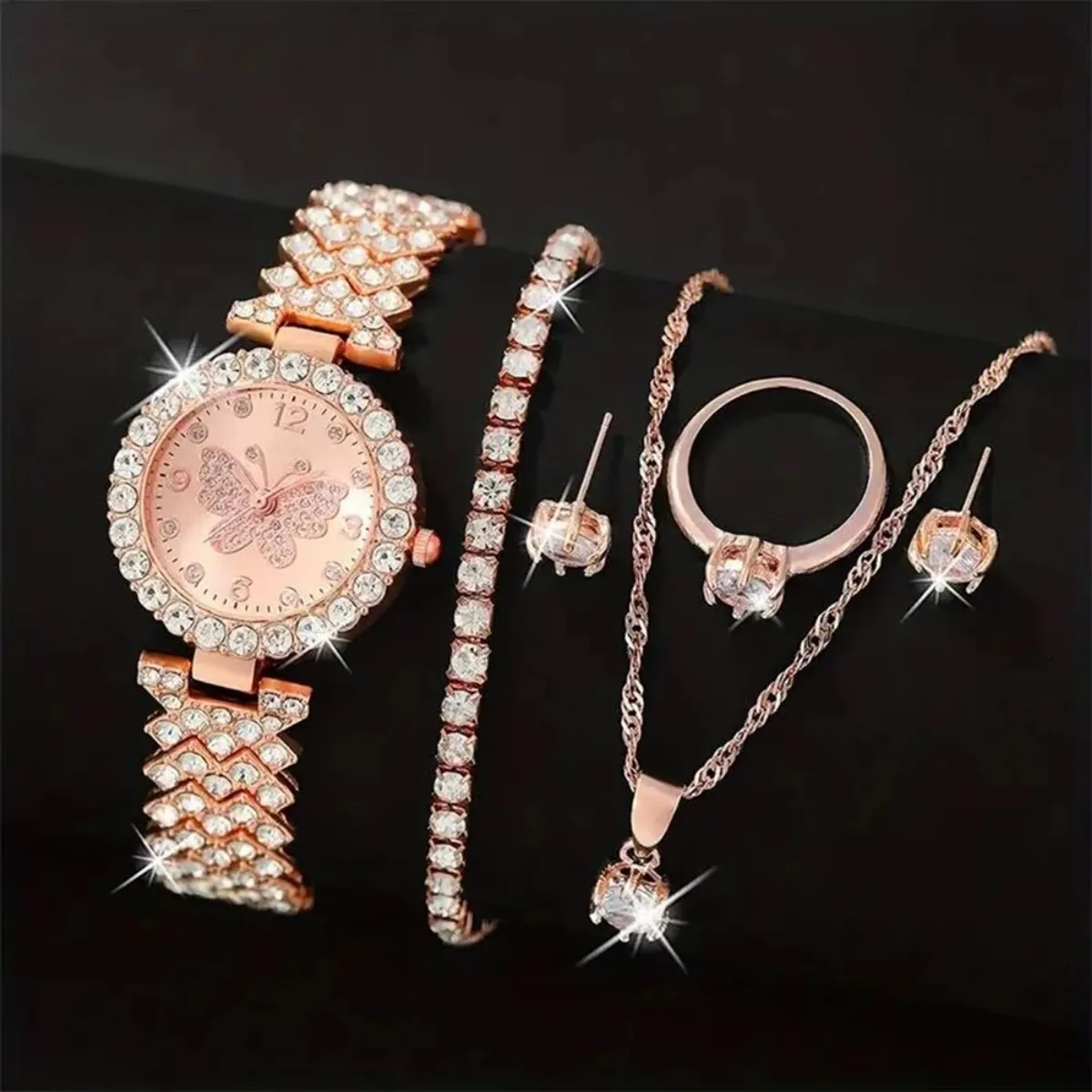 6PCS/Set Luxury Rhinestone Butterfly Women Quartz Watch Fashion Ladies Bracelet Strap Quartz Wristwatch Jewelry Set（Without Box）