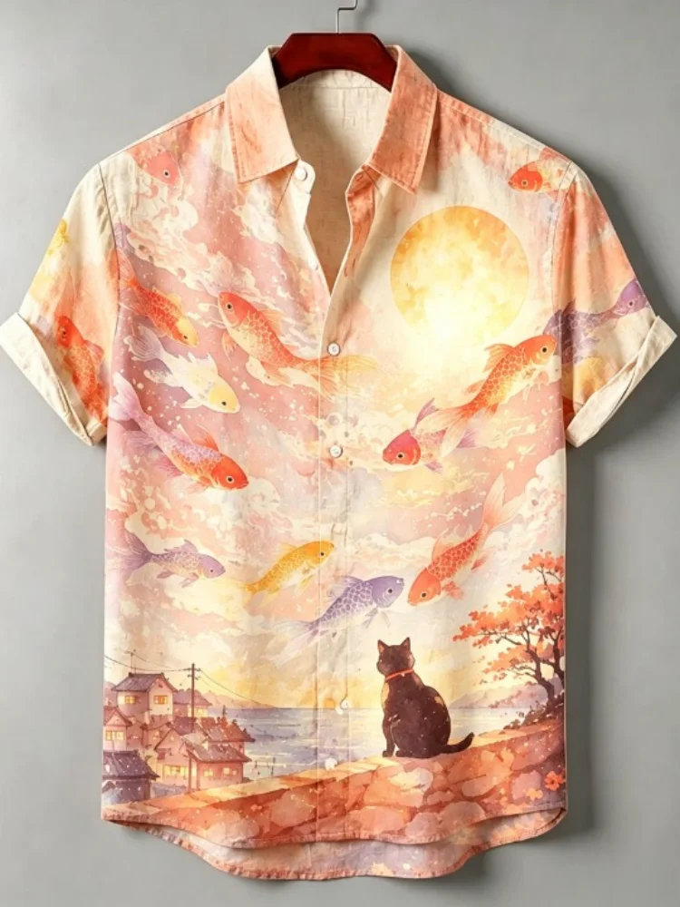 Men's Casual Short Sleeve Button-down Shirt With Watercolor Koi Fish Summer Chic Lapel Collar Bohemian Style Tunics Tops
