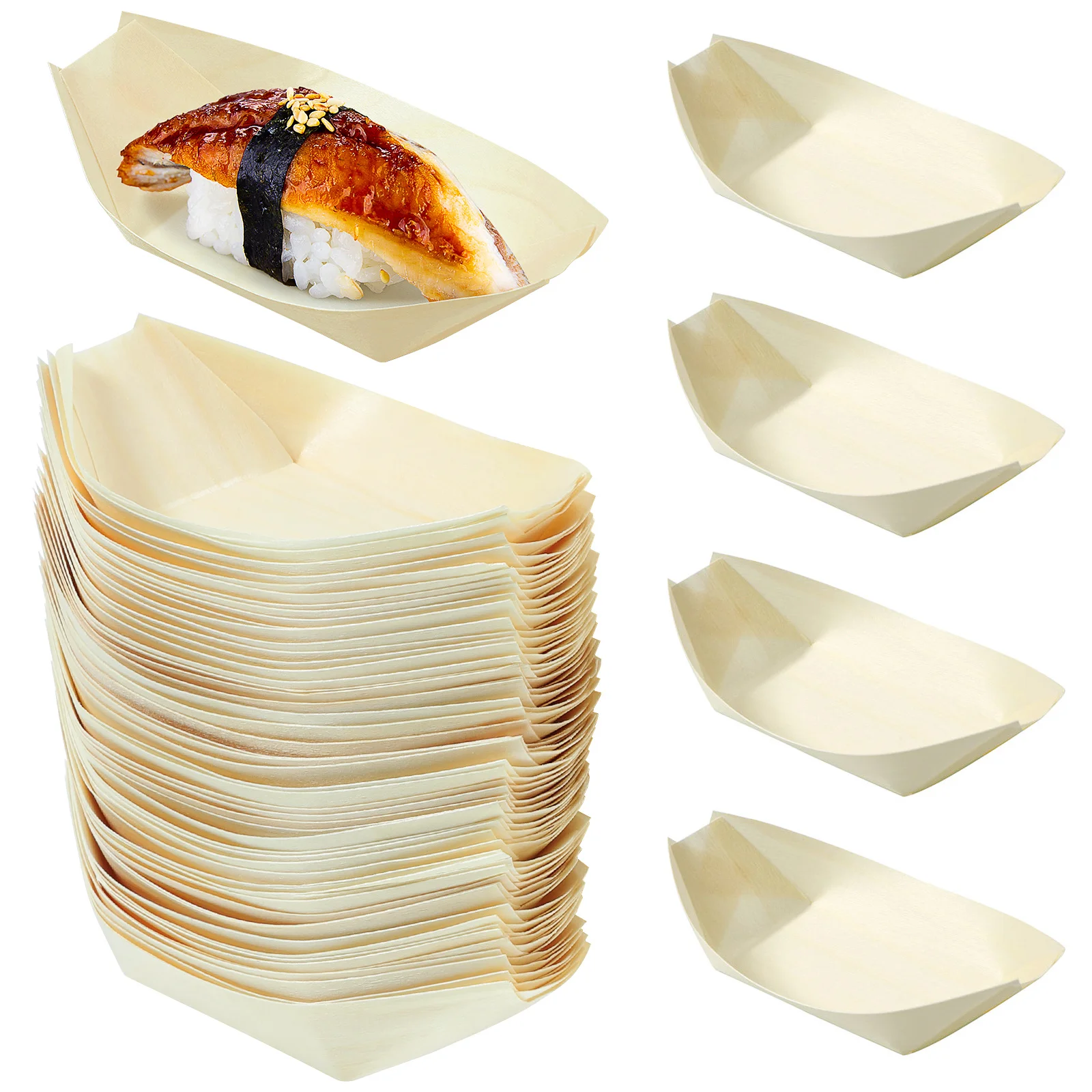 

100 pcs Sushi Wood Boat Tray Disposable Food Serving Plate For Sushi Salmon Snacks Appetizers Buffet Party Catering Restaurant