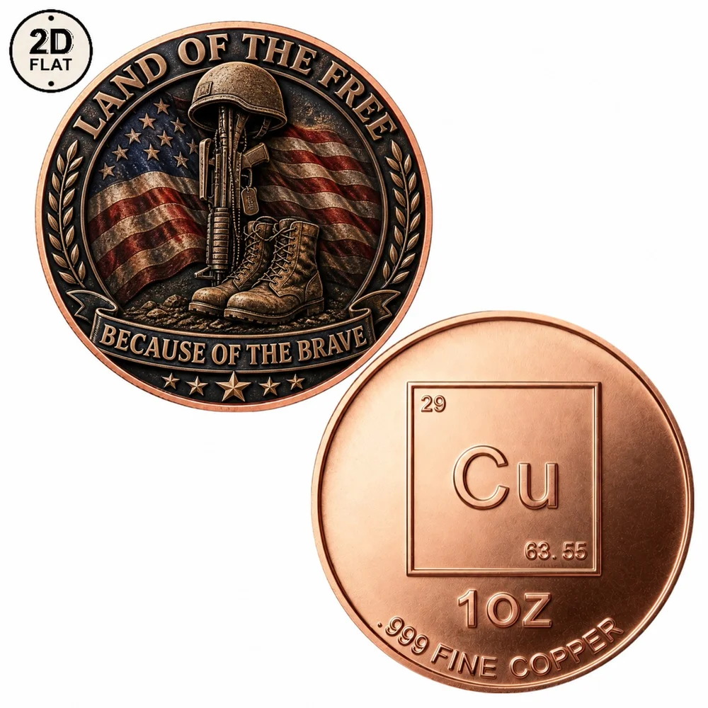 1pc Land of The Free Veteran 1oz .999 Fine Copper Challenge Coin Military Gear Laurel Wreath Collectible Coin Patriotic Keepsake