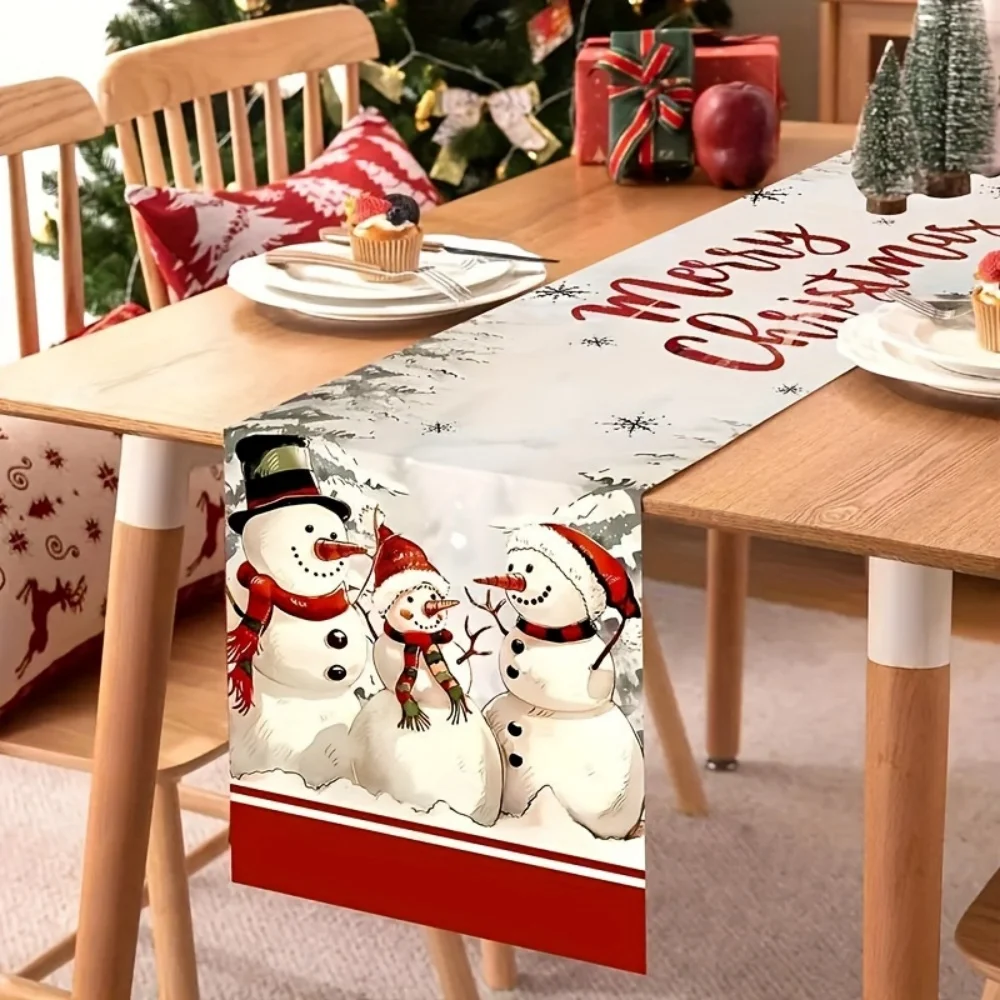 Weihnachts-Tischläufer im Vintage-Landhausstil – Schneemann- und Winterwunderland-Design, perfekt für die Bauernhausdekoration