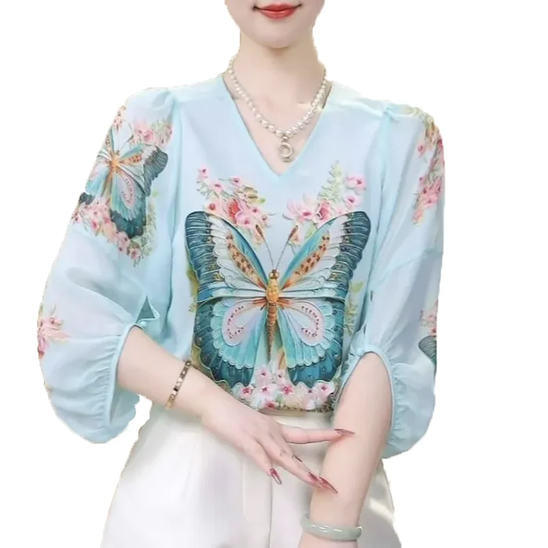 ฤดูใบไม้ผลิฤดูร้อนใหม่แฟชั่น Elegant รอบคอ Pullover อเนกประสงค์เสื้อผ้าผู้หญิงสบายๆเสื้อผ้าหญิงพิมพ์หลวมเสื้อยืด