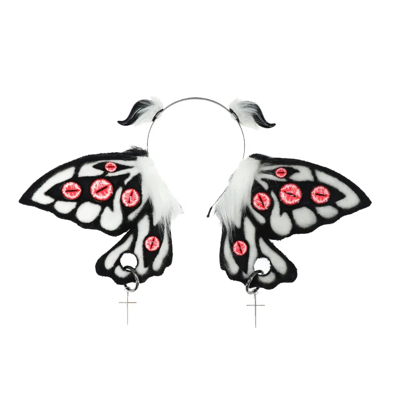 Women Girls Fantasy Evil Eye Headdress Plush Moth Ears Hairband Furry Lolita Headband Anime for Halloween Cosplay Accessories