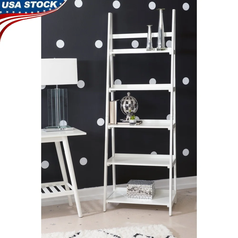 

5-Tier Ladder Bookcase Vertical Storage Shelf Modern Design Living Room Office Bedroom Bathroom Easy Assembly White Finish