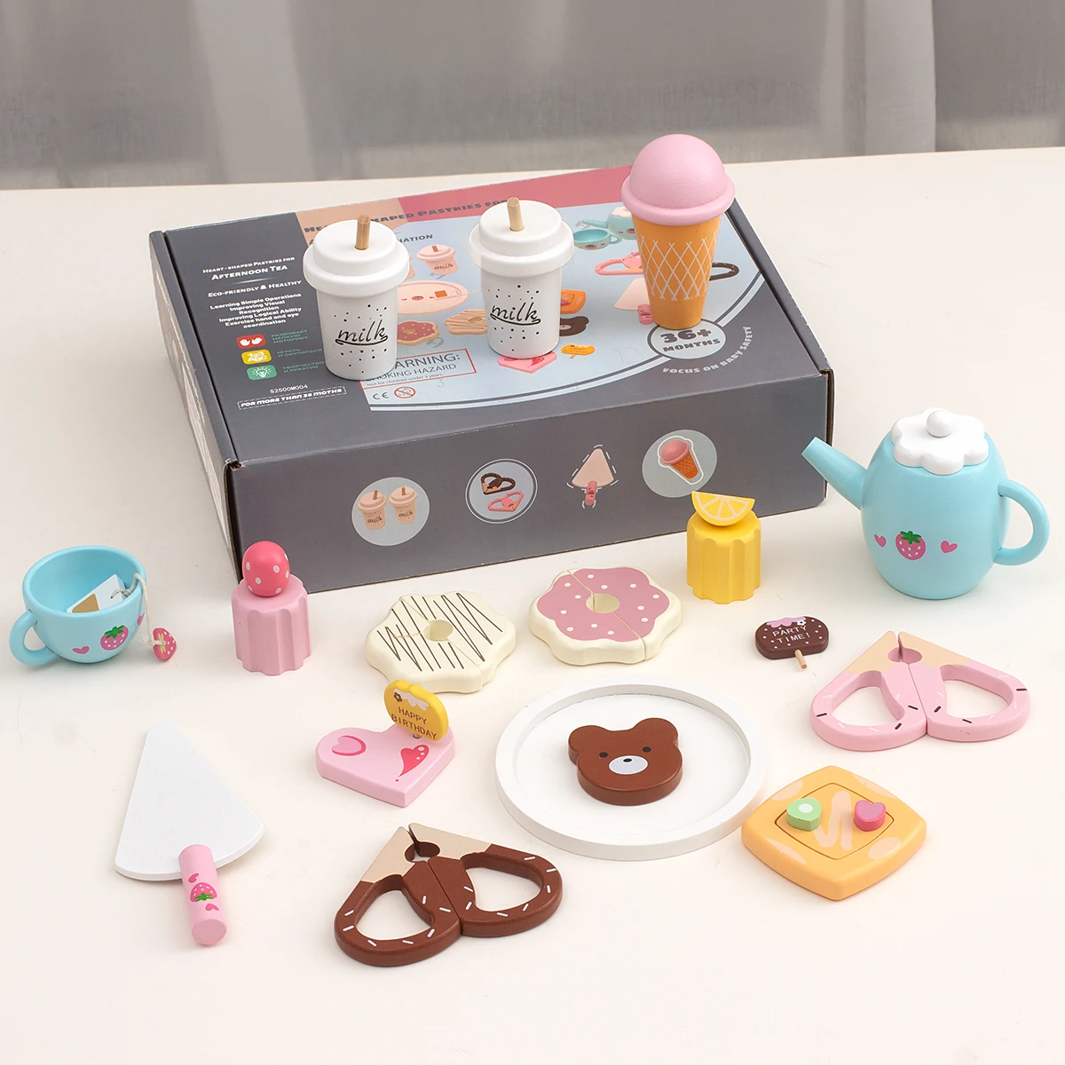 Holz Nachmittagstee-Set Spielzeug Rollenspiel Essen Lernen Rollenspiel Frühes Lernspielzeug für Kleinkinder Kuchen Kinder Geschenke