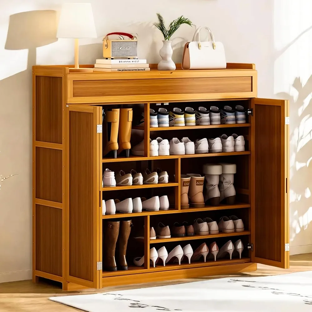 خزانة أحذية كبيرة من الخيزران مكونة من 8 طبقات مع أبواب تتسع لـ 36-40 زوجًا، مثالية لتخزين المدخل وغرفة المعيشة #6