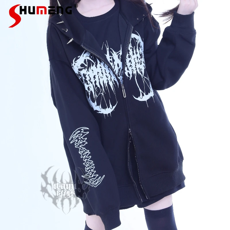 

Japanese Style SC Mass-Produced Dark Gothic Style Printed Hooded Sweatshirt Ladies Subculture Long-Sleeved Zipper Hoodies Jacket