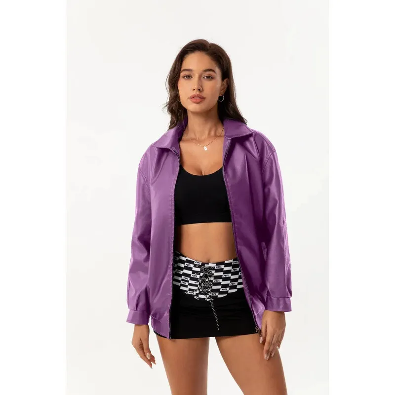 Fashionable Oversize Leather Jacket Women's Long Sleeve Turn-Down Collar Spring Autumn Outerwear Casual Comfortable Coat