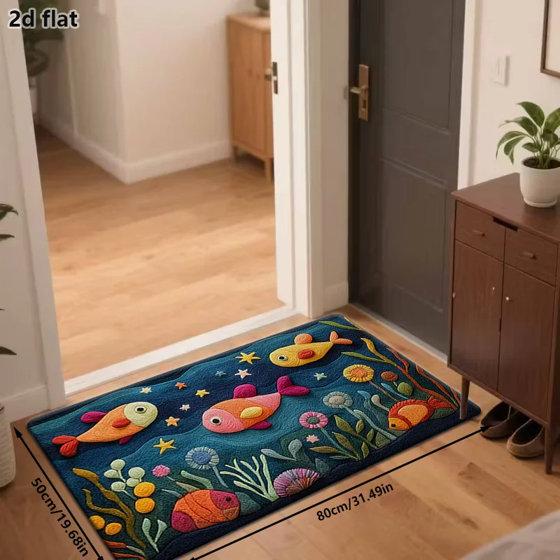 VIKAMA Underwater World Bath Mat Colorful Cartoon Fish Starfish Coral Print Non Slip Floor Mat For Bathroom Indoor Home Decor
