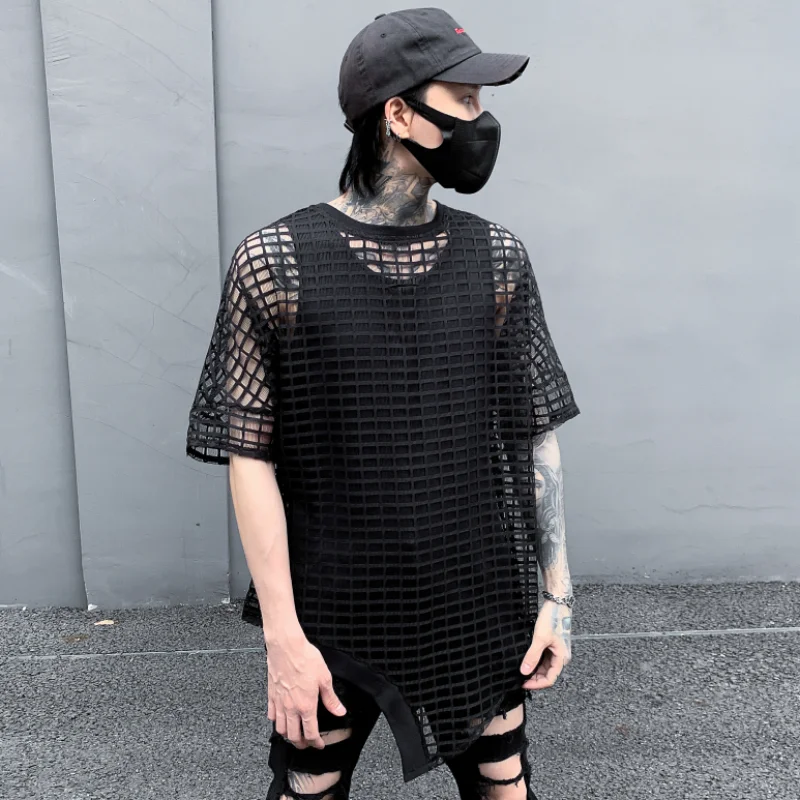 HKSH Spring Summer New Dark Hollow Out Men\'s Tide Mesh Tees Short Sleeve Trendy Chic O-Neck Pullover T-shirts Irregular HK0145