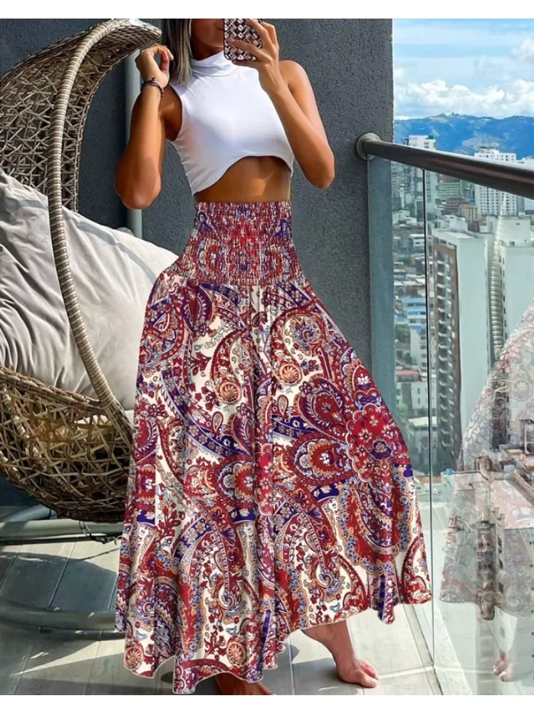 Women's Fashion Floral Print Half Dress Folds Bohemian Elastic High Waist Skirt Ladies Versatile Knee-Length Long Skirts