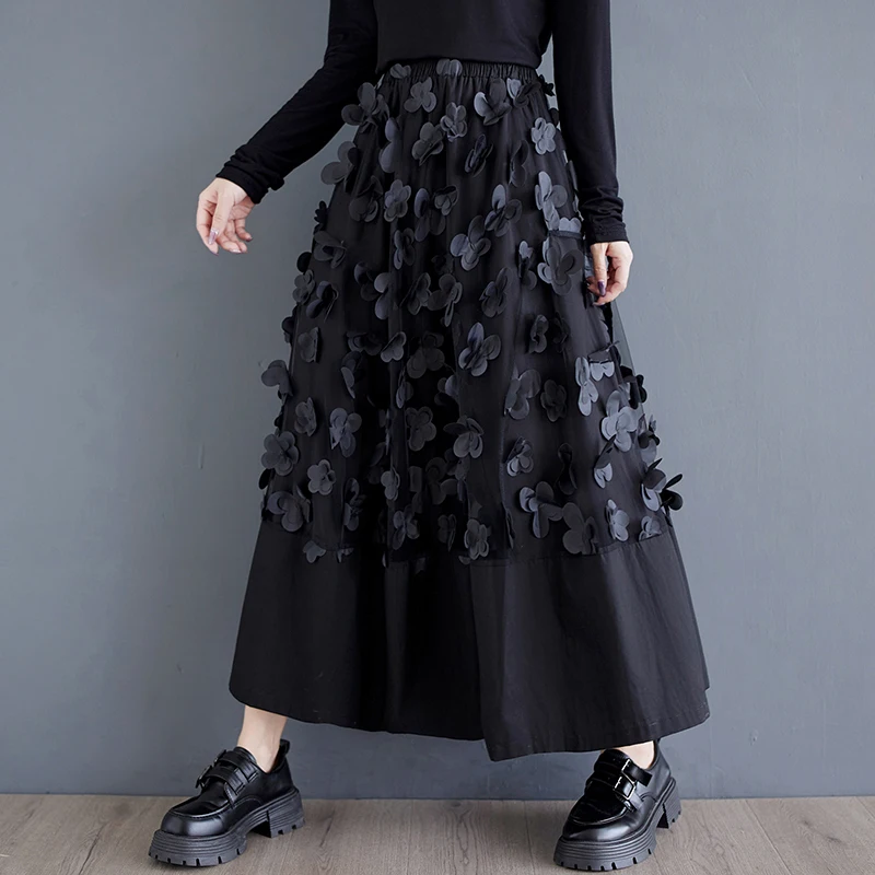 

SuperAen Korean Style Sweet Flower Three-dimensional Mesh Patchwork Elastic Skirt Autumn New Elegant Loose Long A-line Skirts