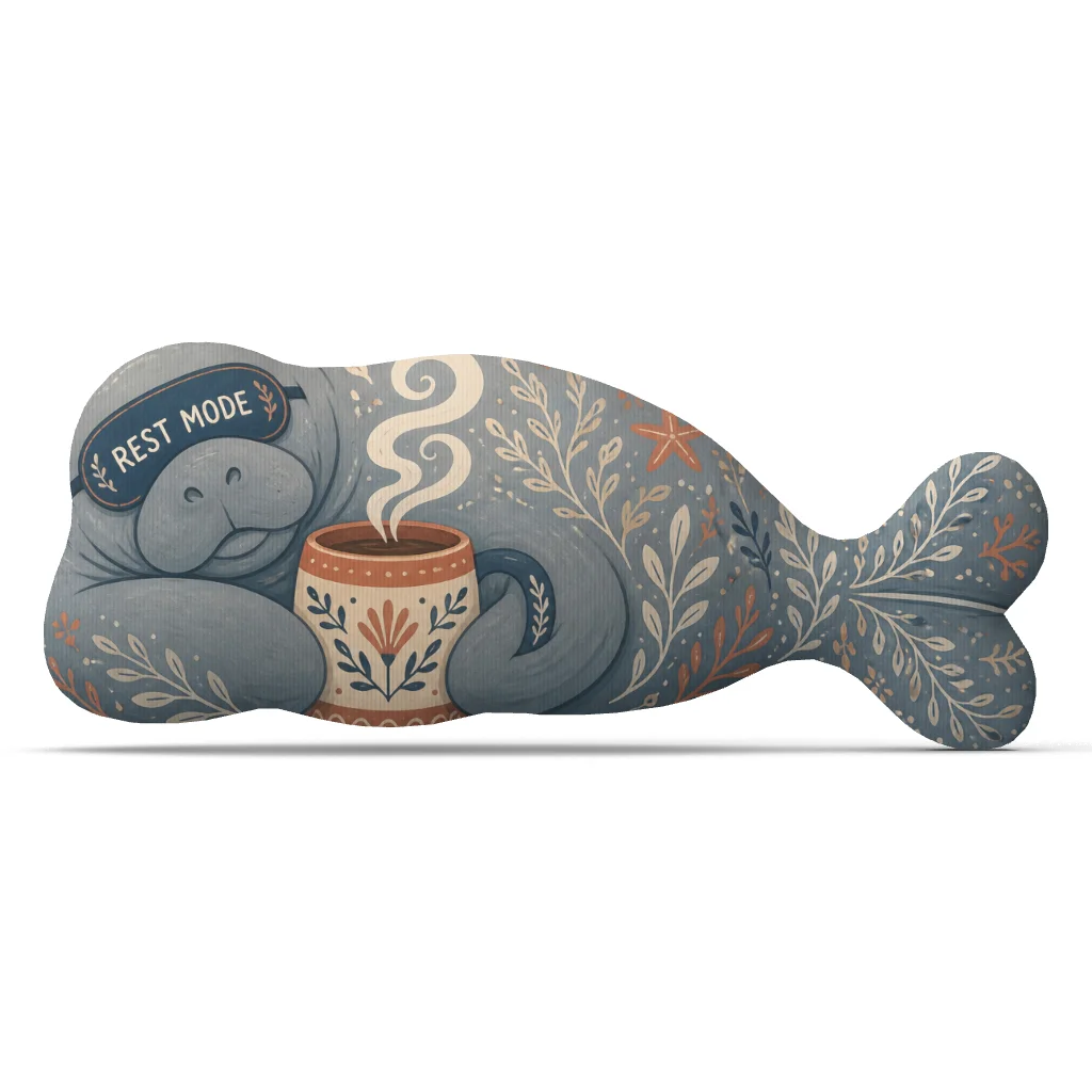 Rest Mode Manatee Plush Pillow Sleepy Sea Cow Cushion with Tea Cozy Coastal Throw Pillow Stuffed Shaped Relaxation Gift Decor