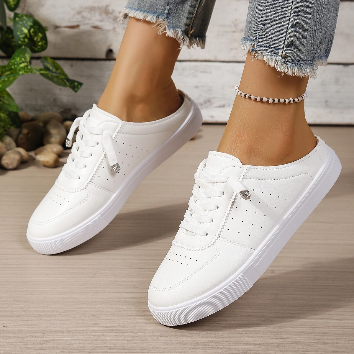 Women's Sneakers Mules Backless Slip on Round Toe Lace Up Floral Cutout Perforated Low Platform Casual Spring Walking Footwea