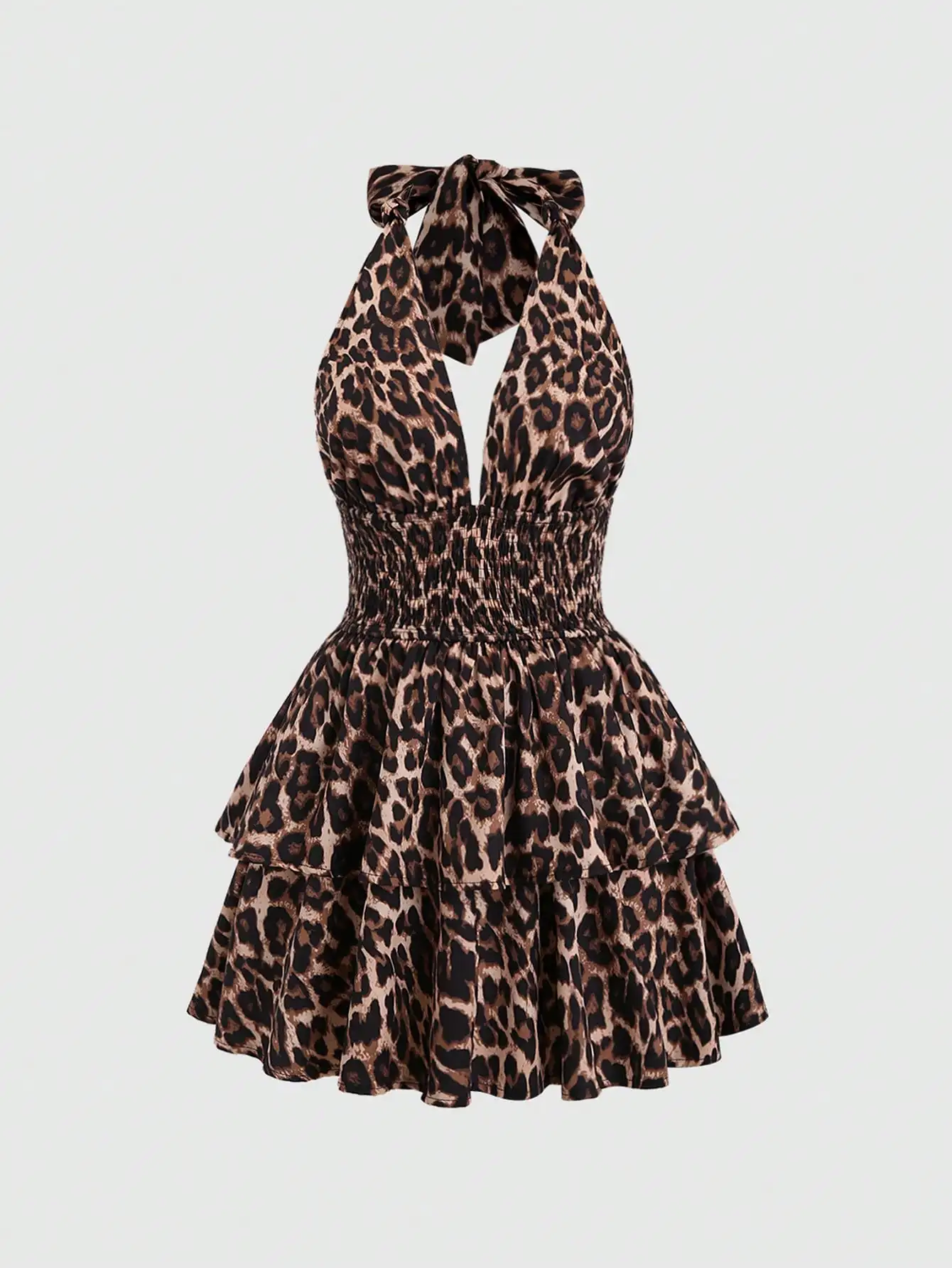 

Women's Halter Neck Leopard Print Tiered Mini Dress with Shirred Waist