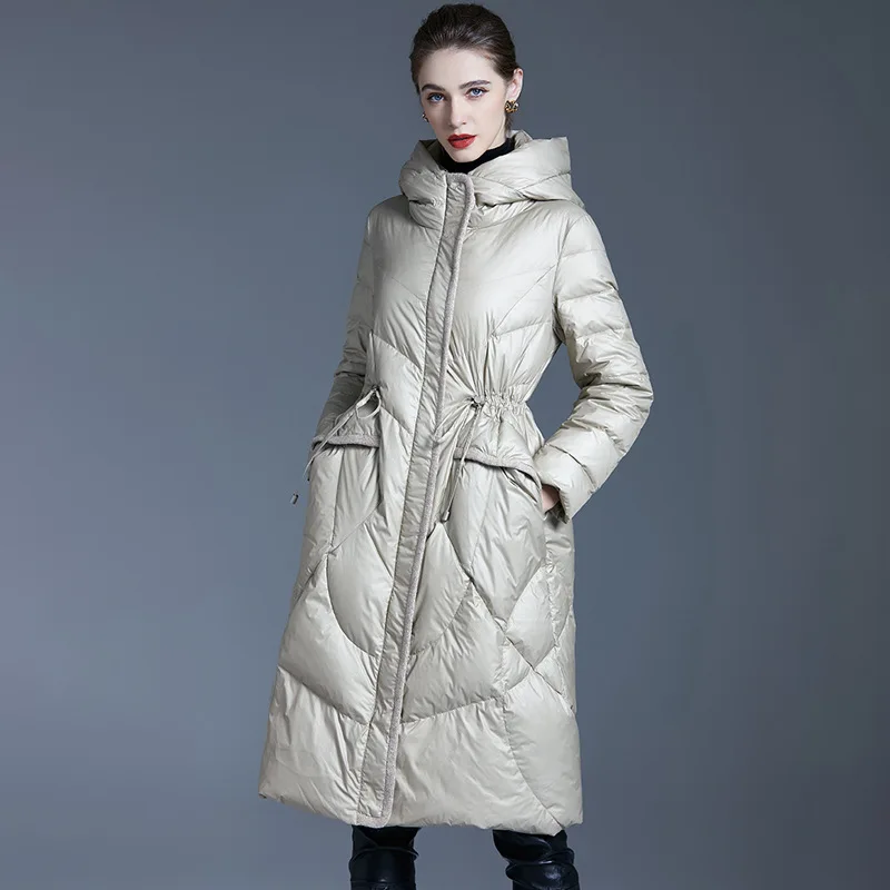 

Luxury High Quality Women's Mid-Length Down Jacket Puffer Jacket 90% White Duck Down Knee-Length Thicken Warm Winter Coat Trendy