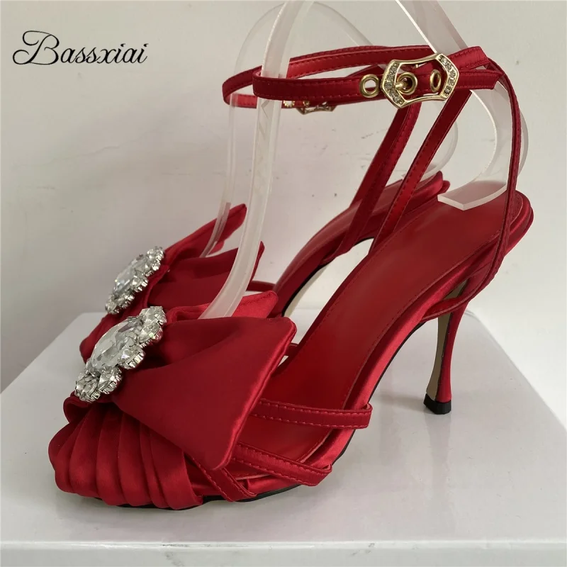 Женские плиссированные атласные сандалии с узлом-бабочкой и ремешком на щиколотке, роскошная летняя обувь на высоком каблуке 10 см для девочек