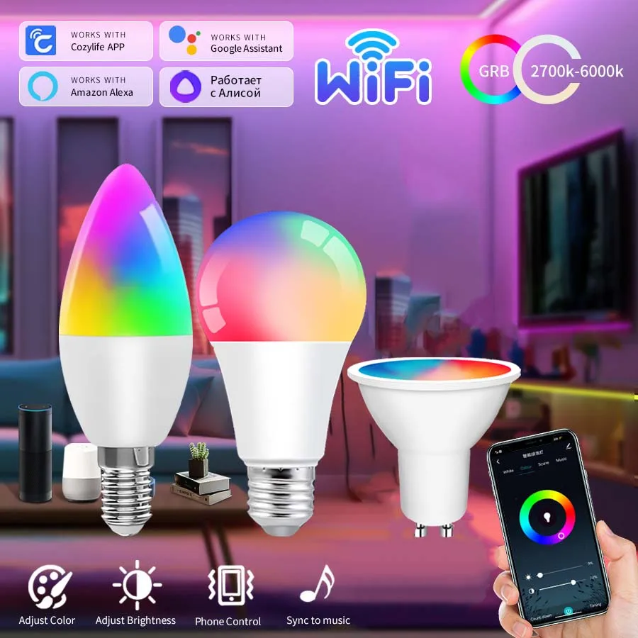 Умная лампочка Cozylife WiFi E27 220 В 110 В RGB с регулируемой яркостью E14 GU10, светодиодная лампа с поддержкой голосового управления, работает с Alexa Google Home