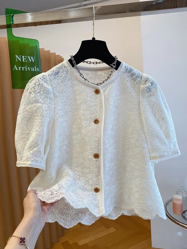 

plus Size Lace ort Sve Open Cardigan Loose Bubble Sve round Ne Summer irt for plus Size Women Korean Sle Casual...