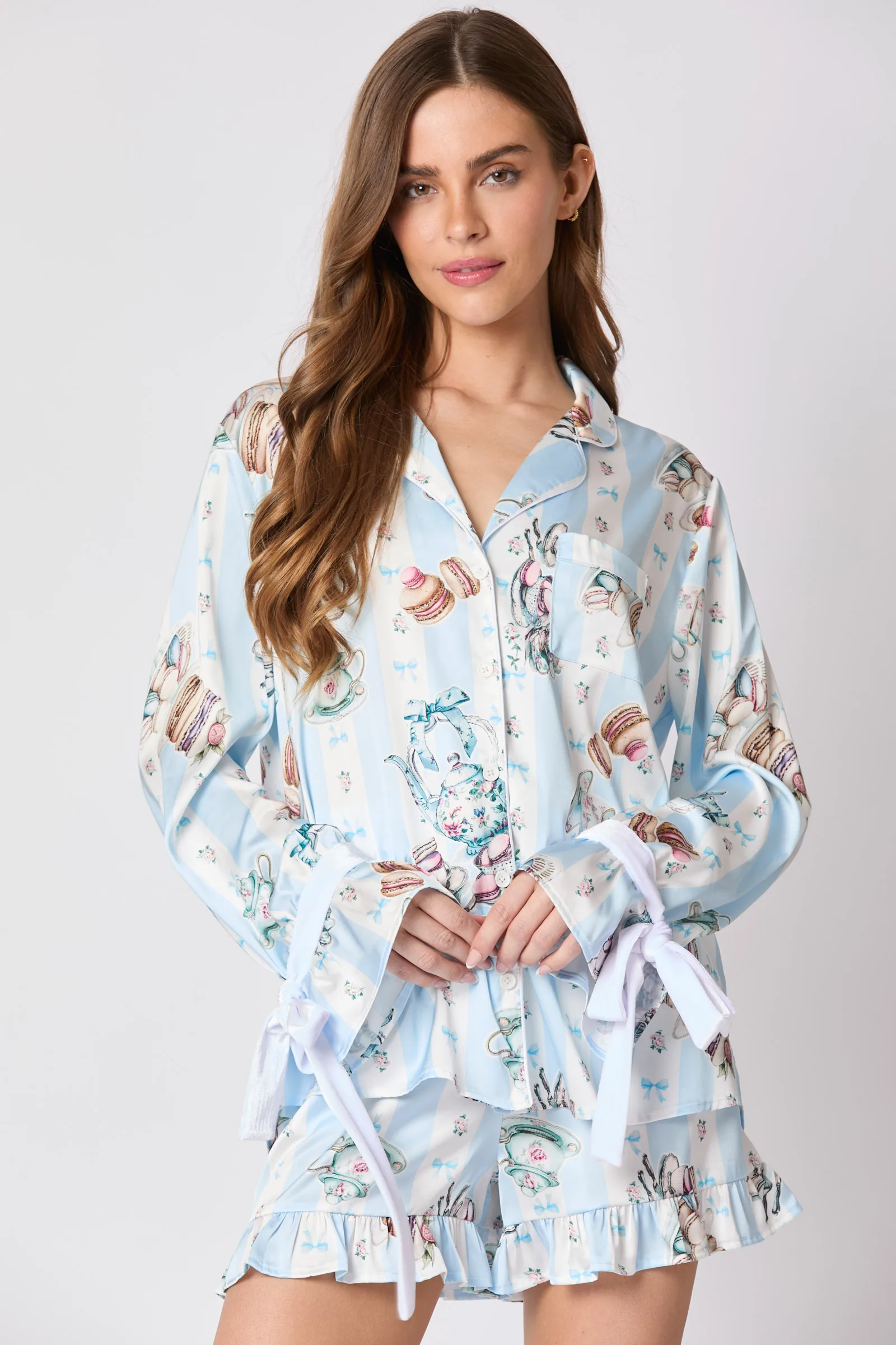 New Women 2 Piece Silky Ruffled Cuff Pajama Set Long Sleeve Lapel Button-down Shirt+Drawstring Velvet Bow Tied Waist Shorts