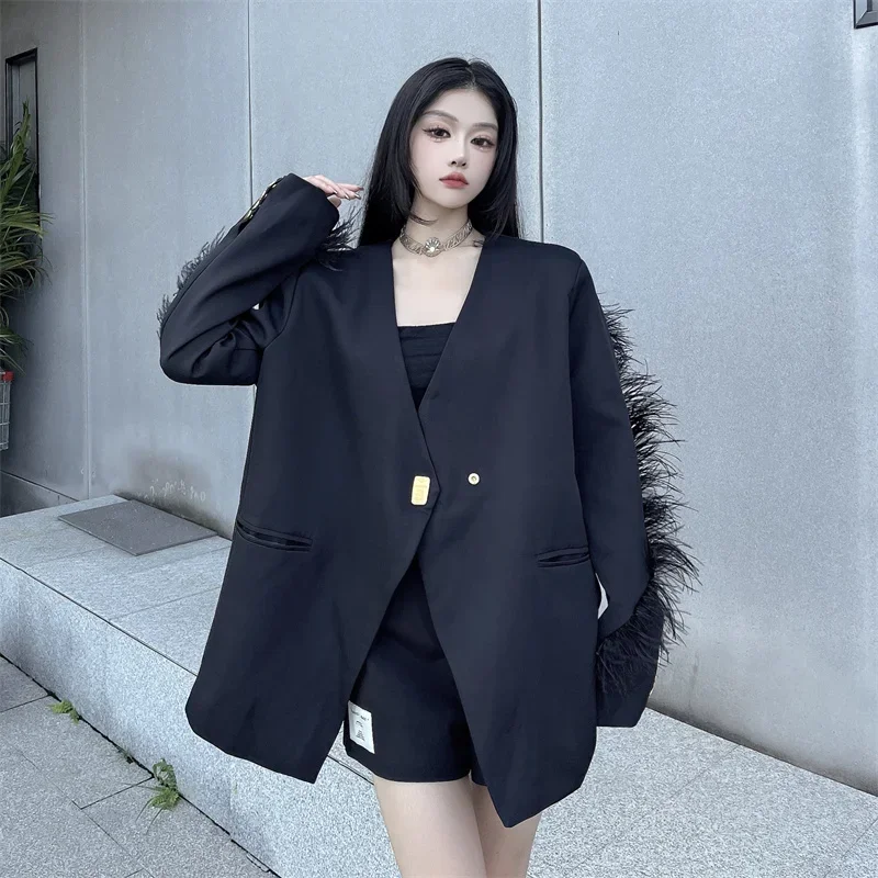 UNXX High-end Feather Stitching Black Long Sleeves Jacket Women Autumn New Mid-length Western Style Loose Tops Lady Blazer Women