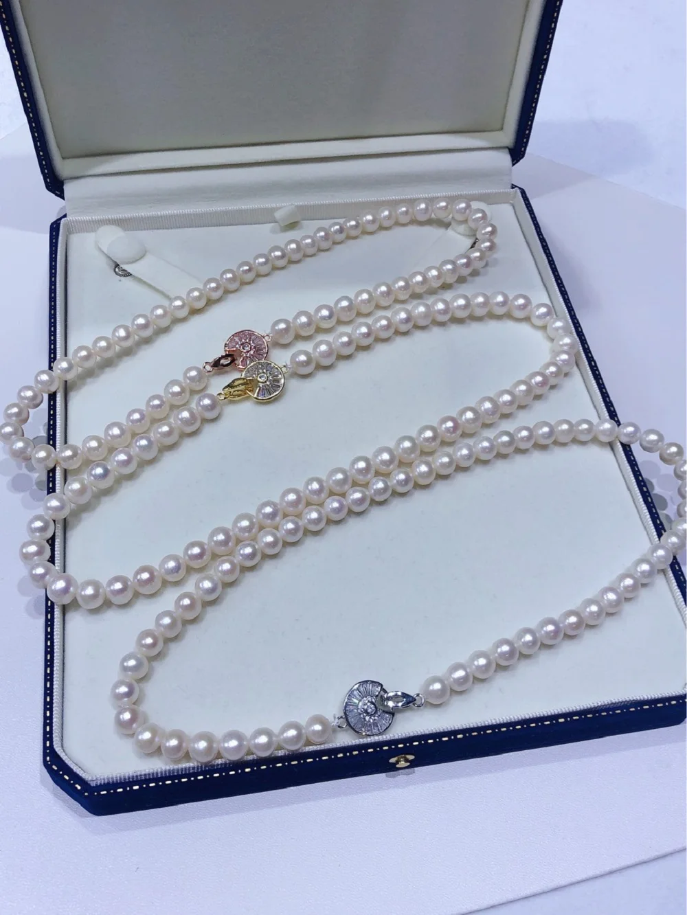 

Classic Pearl Necklace AAA7-8mm Japanese Round White Pearl Necklace 18 inch * * * 18k Gold Plated Button