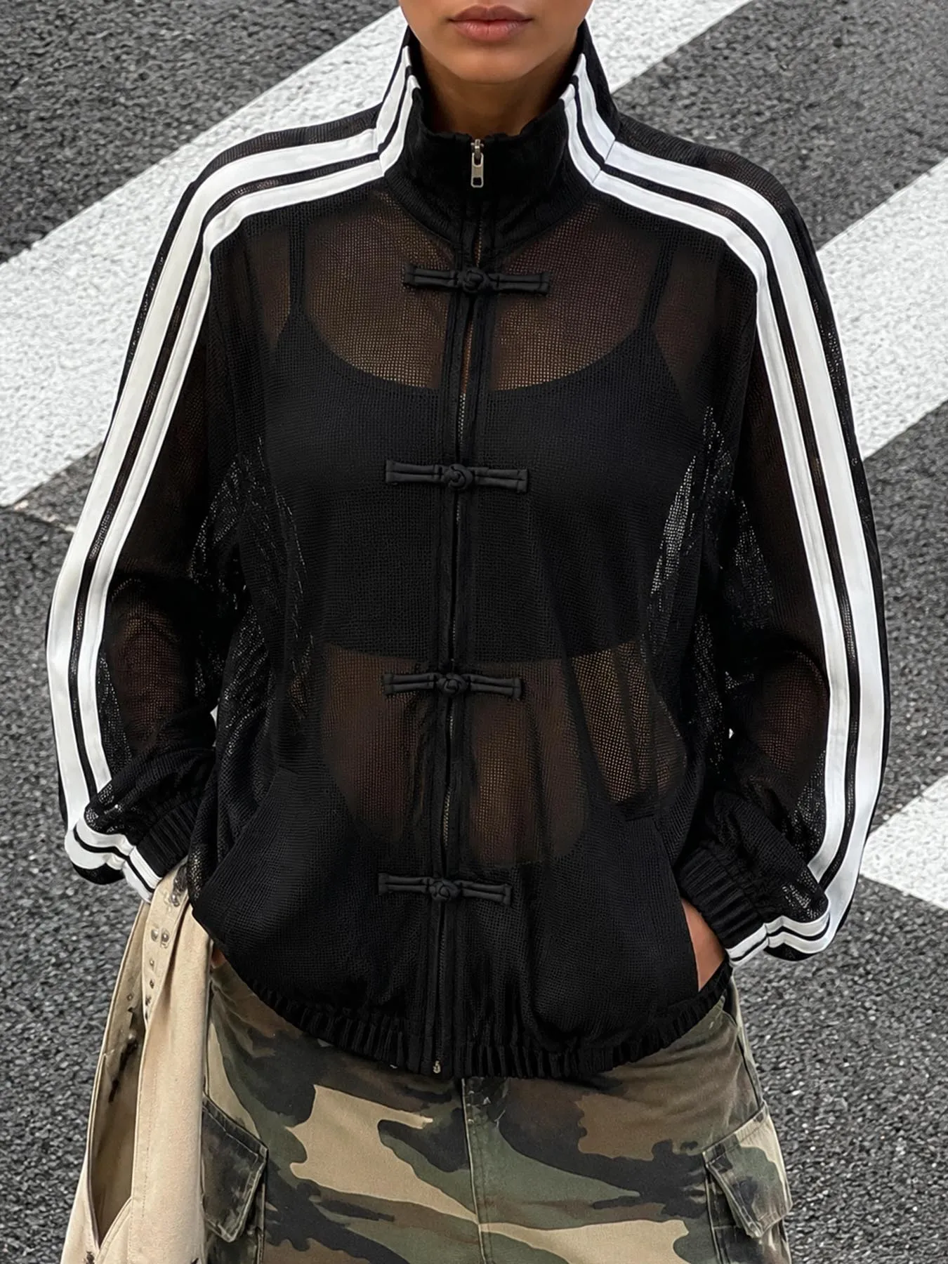 Vintage Sport Mesh Stand Collar Zip Up Cardigan Chinese Knot Loose Lightweight Outerwear