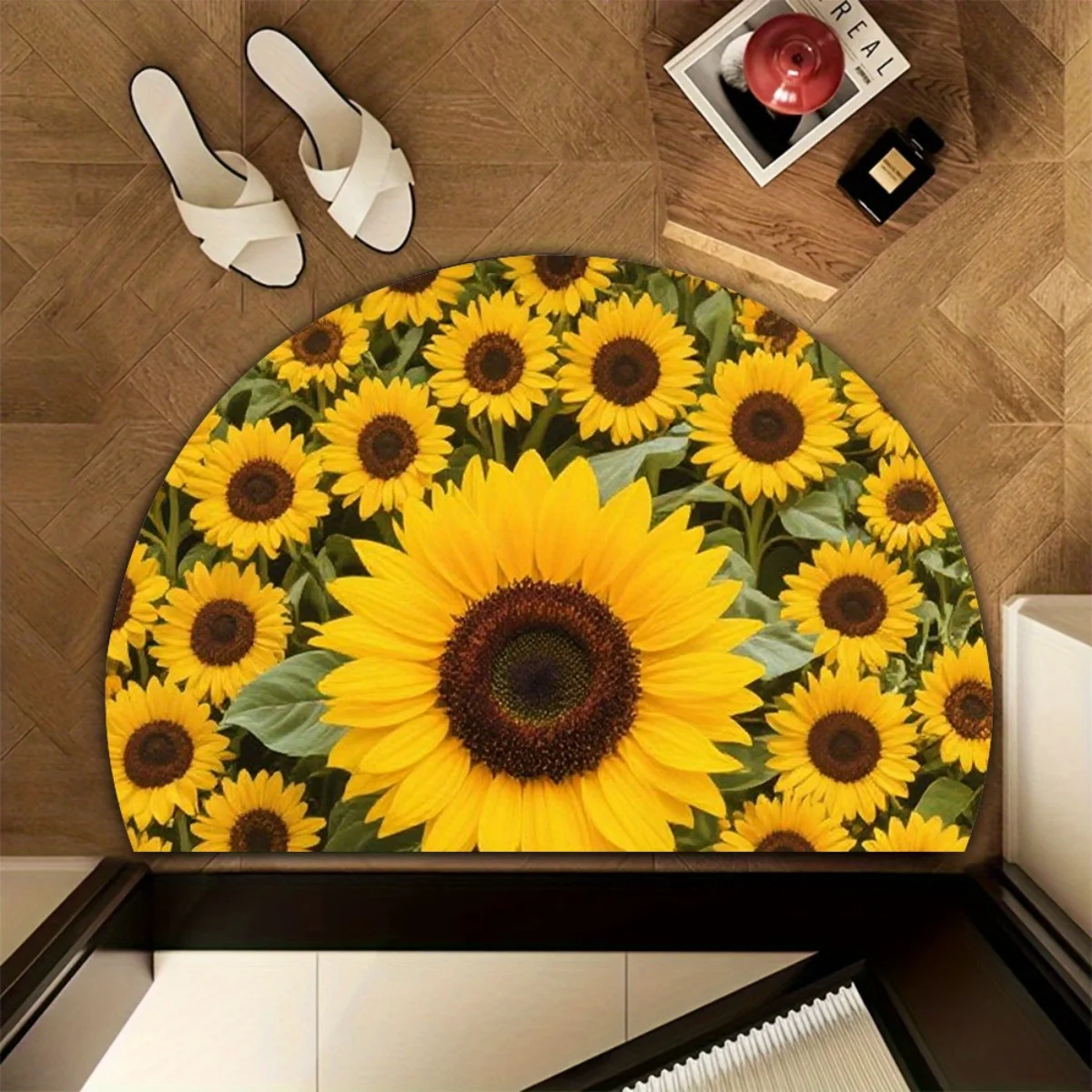 Sunflower Field Pattern Yellow Bright Half Round Carpet Mat Rug Home Decoration Entryway Door Living Room Floral Non Slip