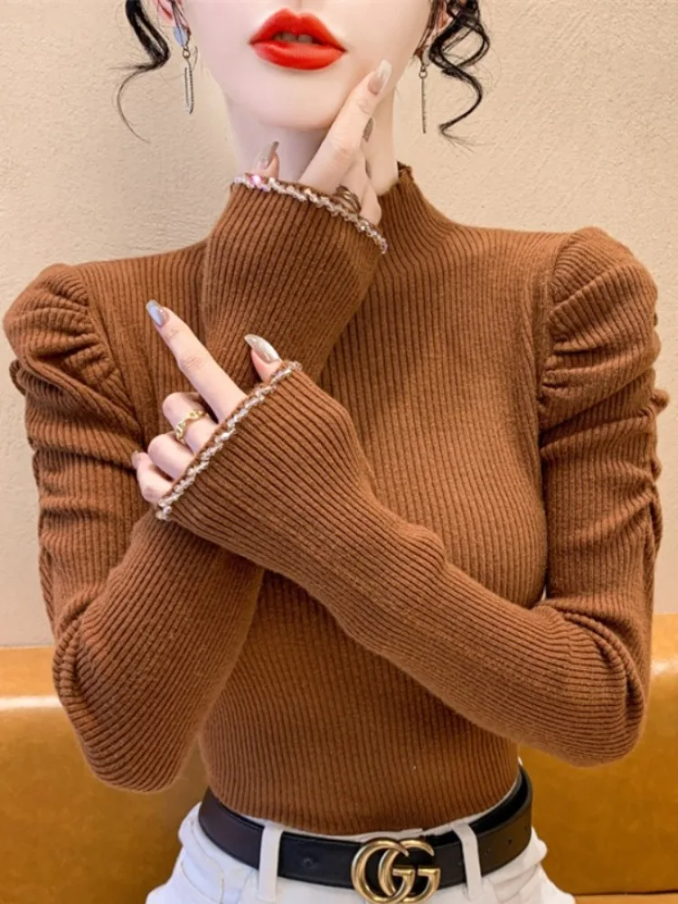 

Облегающий вязаный топ с высоким воротником и рукавами-фонариками для женщин, осенне-зимний, модный и универсальный