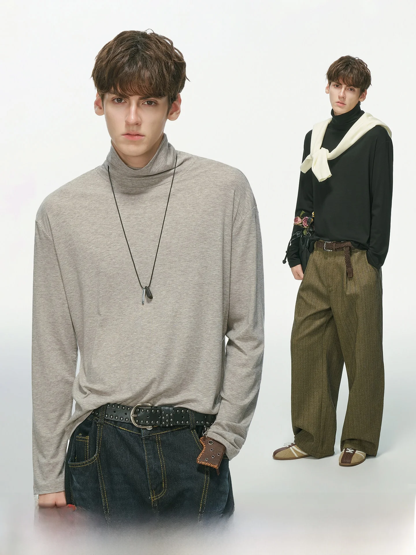 Men's Long Sleeve T-Shirt High Collar Wool Blend Base Layer Shirt Dream Made Old Money Style 83 Lyocell Wool Mix Autumn Winter
